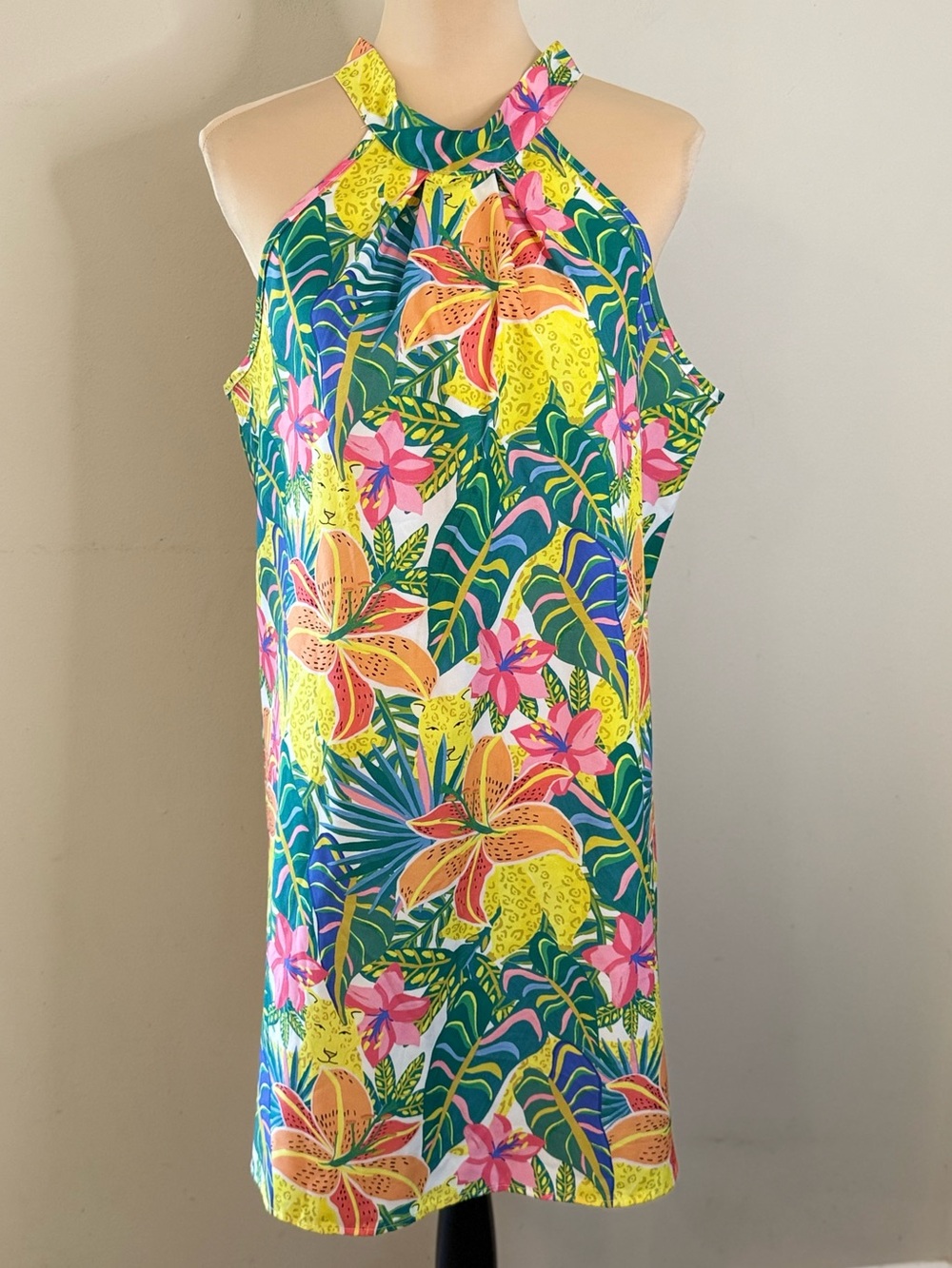 Hawaiian floral tropical mini halter dress cheetah novelty print SZ LG